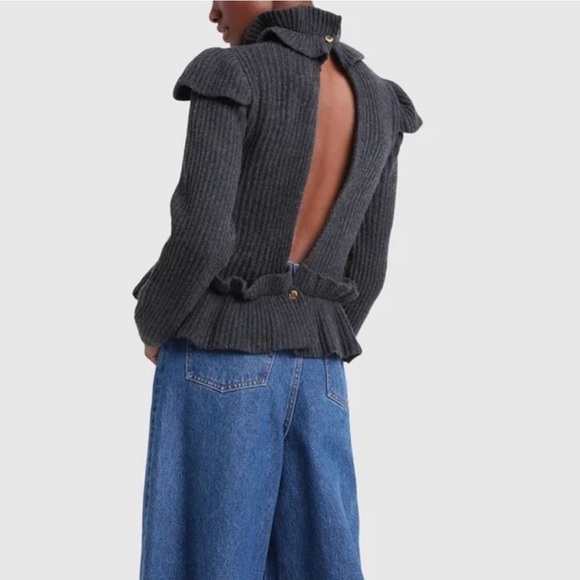 GANNI Cutout Ruffled Ribbed Open Back Wool-blend Sweater - Picture 2 of 12